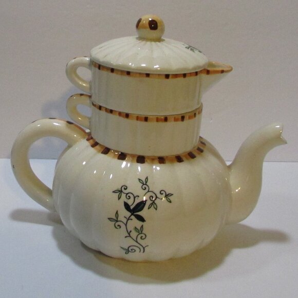 vtg stackable teapot creamer sugar all in one tea set checkered vine decor Japan - Picture 3 of 9